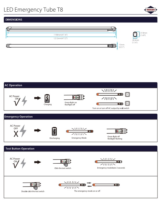 Dimension LED EMERGENCY TUBE T8